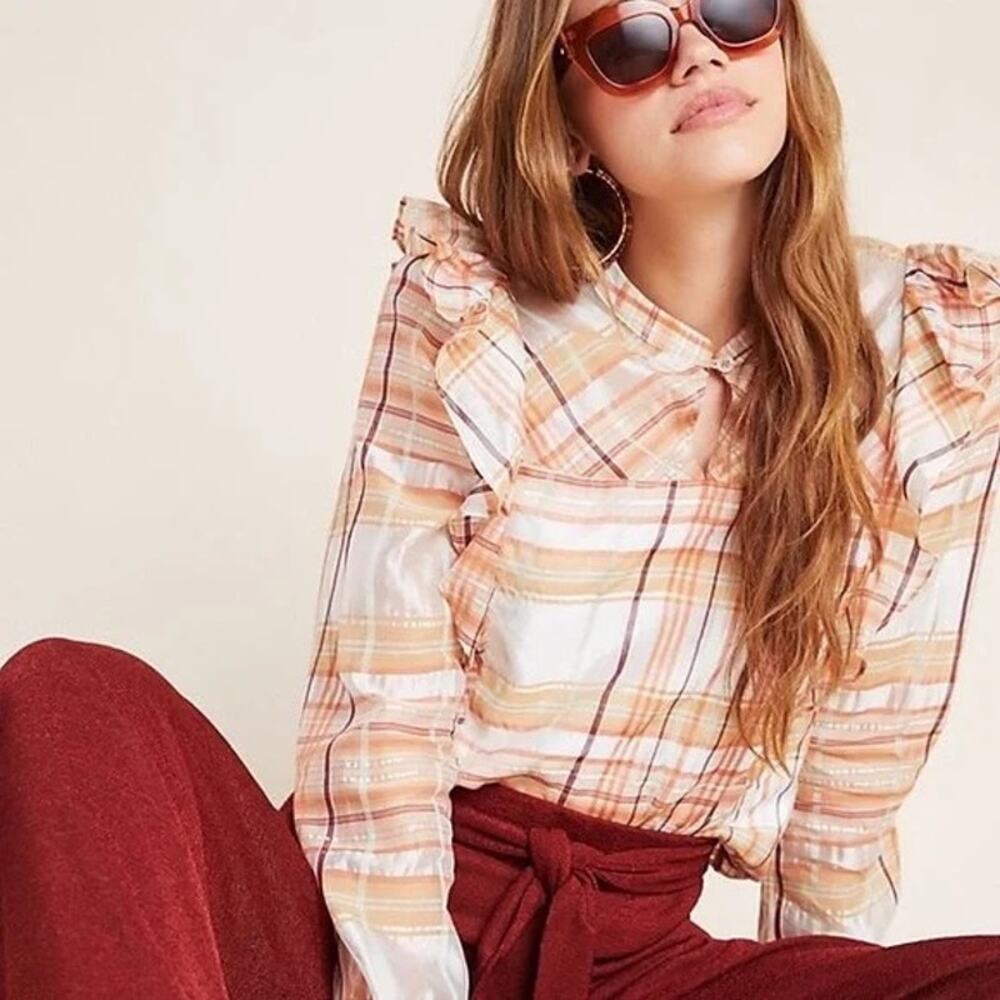 Current Air x Anthropologie | Polly Orange Plaid Ruffle Trim Silk Blend Blouse